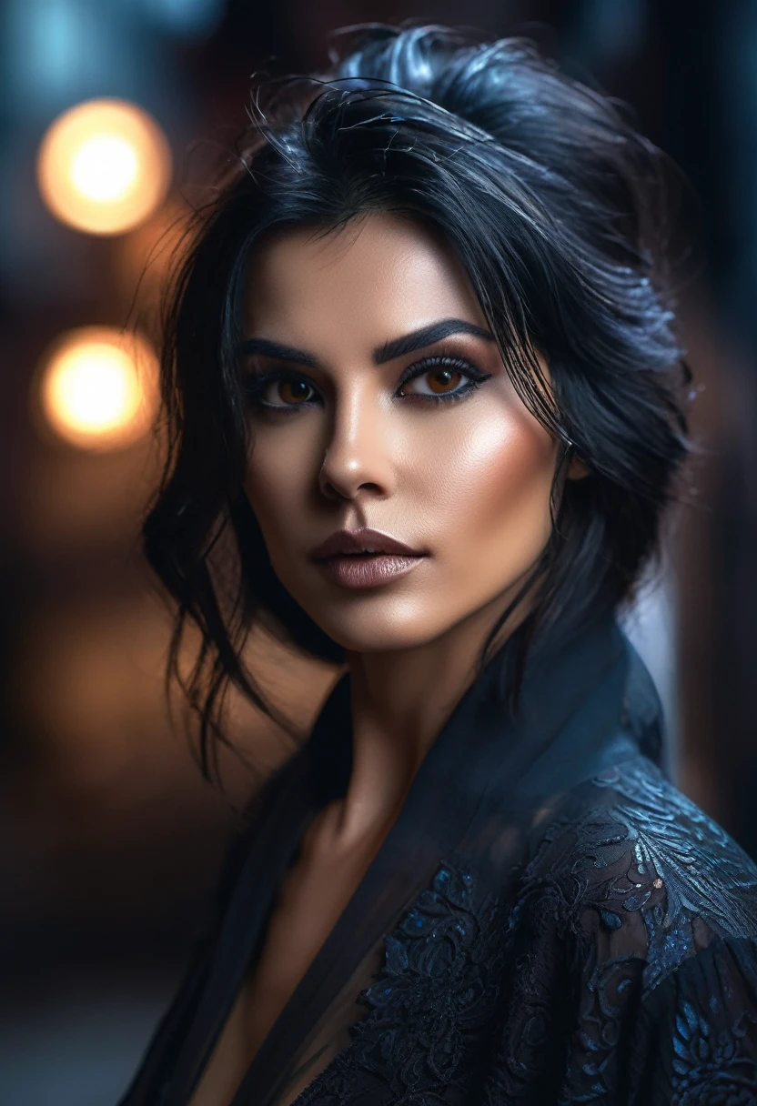 a beautiful woman WITCH  WITH A CRYSTAL BALLin the Style-RustMagic, Aum, (atmosfera escura:1.2), (Mist & smoke), (noite escura:1.3), Cicatrizes, (shaggy medium length dark hair:1.1), (sombra:1.1), (brilho lindamente detalhado:1.2), (cinematic lighting), detalhe intrincado, high resolution, olhos arredondados, detailed facial features, sharp focus, suave, aesthetics, Dark industrial factory detailed background, pose elegante, 