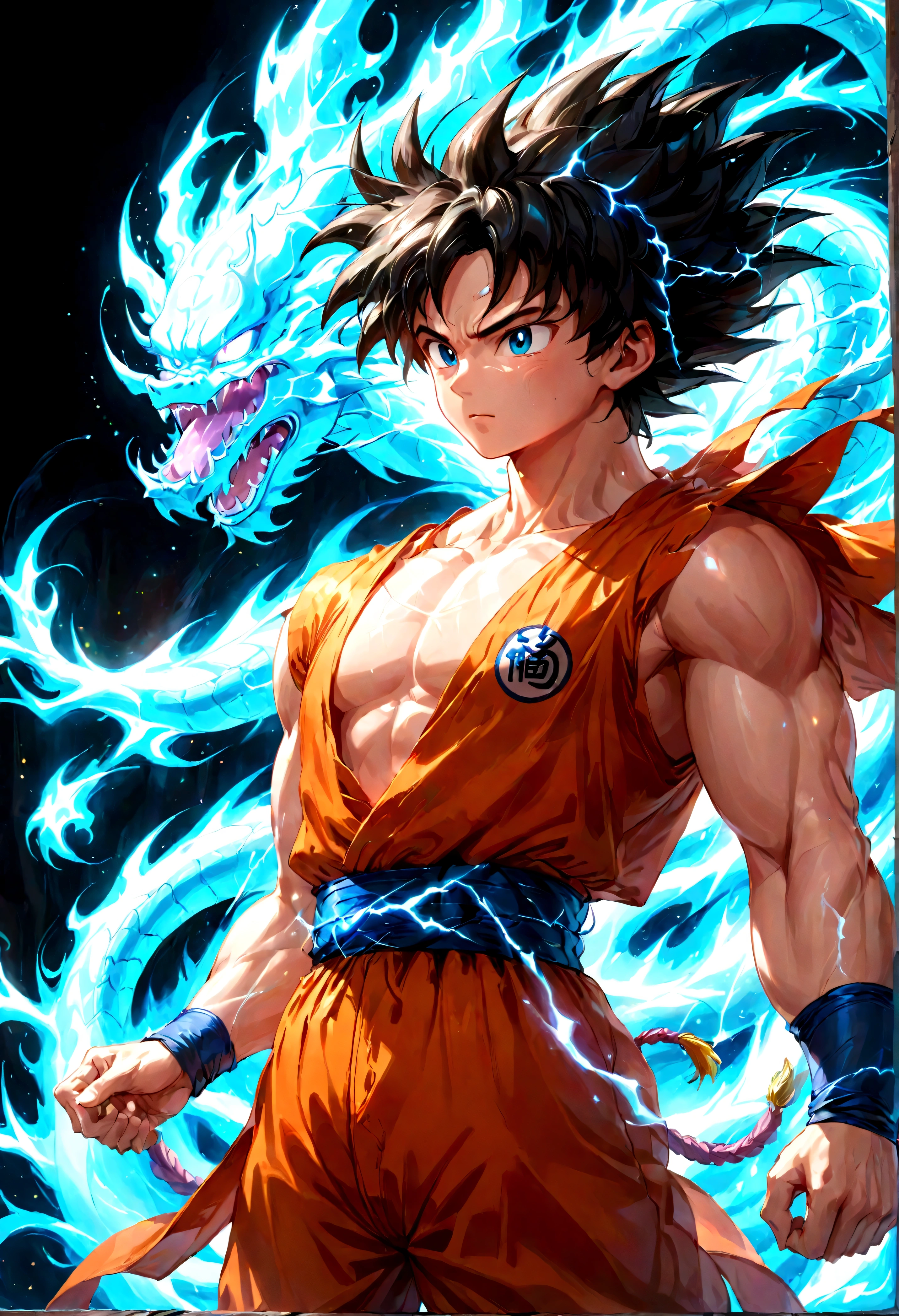 1boy,  male focus, neon holography transparent son goku, dragon ball, 
