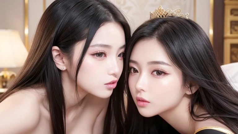 ((Angle of view that allows you to see the whole body)),((masterpiece)),((highest quality)),((8K)),((Ultra high definition)),((high resolution)),((detailed)),((Perfect body)),((Perfect Face)),((Two beauties)),((Lesbian))、((Two people kissing))、((Kiss with tongue out)),((huge breasts:1.3)),((Rubbing the opponent's chest)),Chinese Beauty、princessの衣装、Very dense makeup、Jet Black Hair、Shiny Hair、Glowing Skin、Super Straight Hair、Long Hair、Bedroom、royal palace、Luxurious and gorgeous、Gorgeous hair ornament、gold、Lying down、Royal Family、Yang Guifei、princess、
