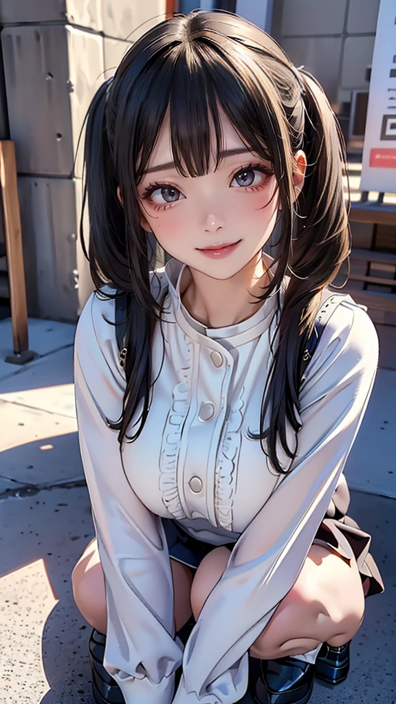 squatting,(breast squeeze),(random cute uniform),(random hairstyle),(Thin type:1.5),(large breasts),(Highest image quality,(8K), Ultra-realistic, Best Quality, High quality, High Definition, high quality texture, high detailing, Beautiful detailed, fine detailed, extremely details CG, Detailed texture, realistic representation of face, masterpiece, presence),(glasses:1.2)