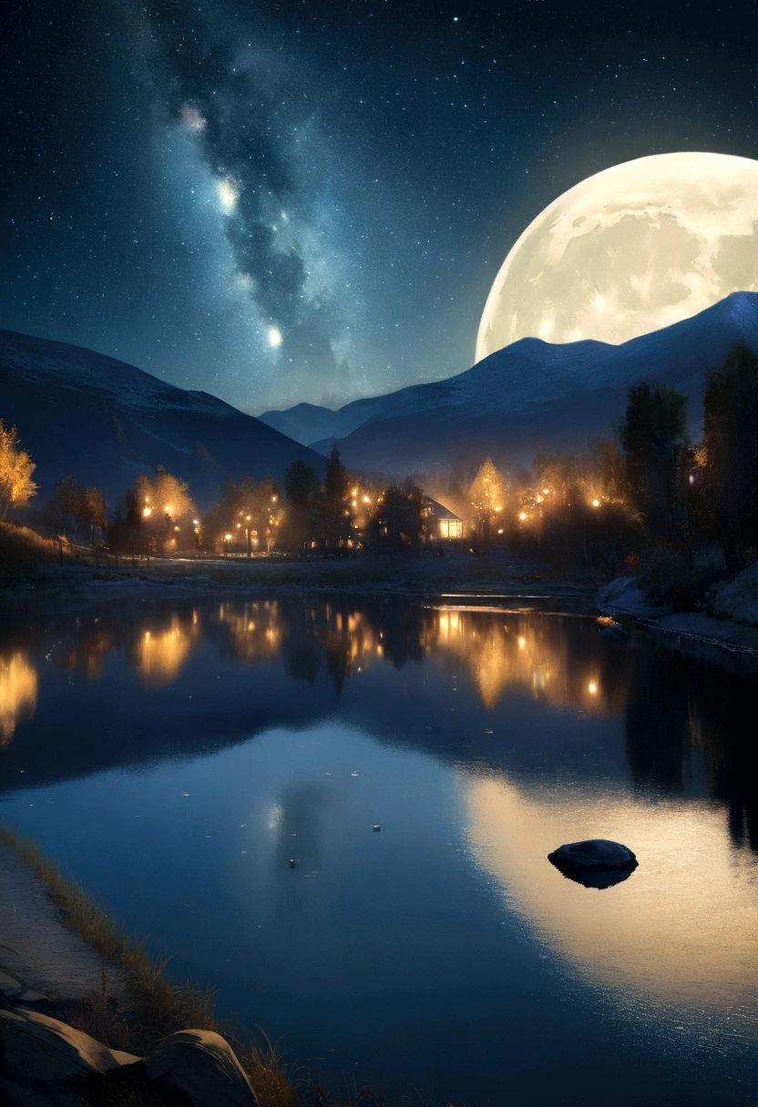 A very starry night. Huge moon behind the mountains. A quiet lake reflecting the night. realistic scene, detailed, Photorealism, 8k