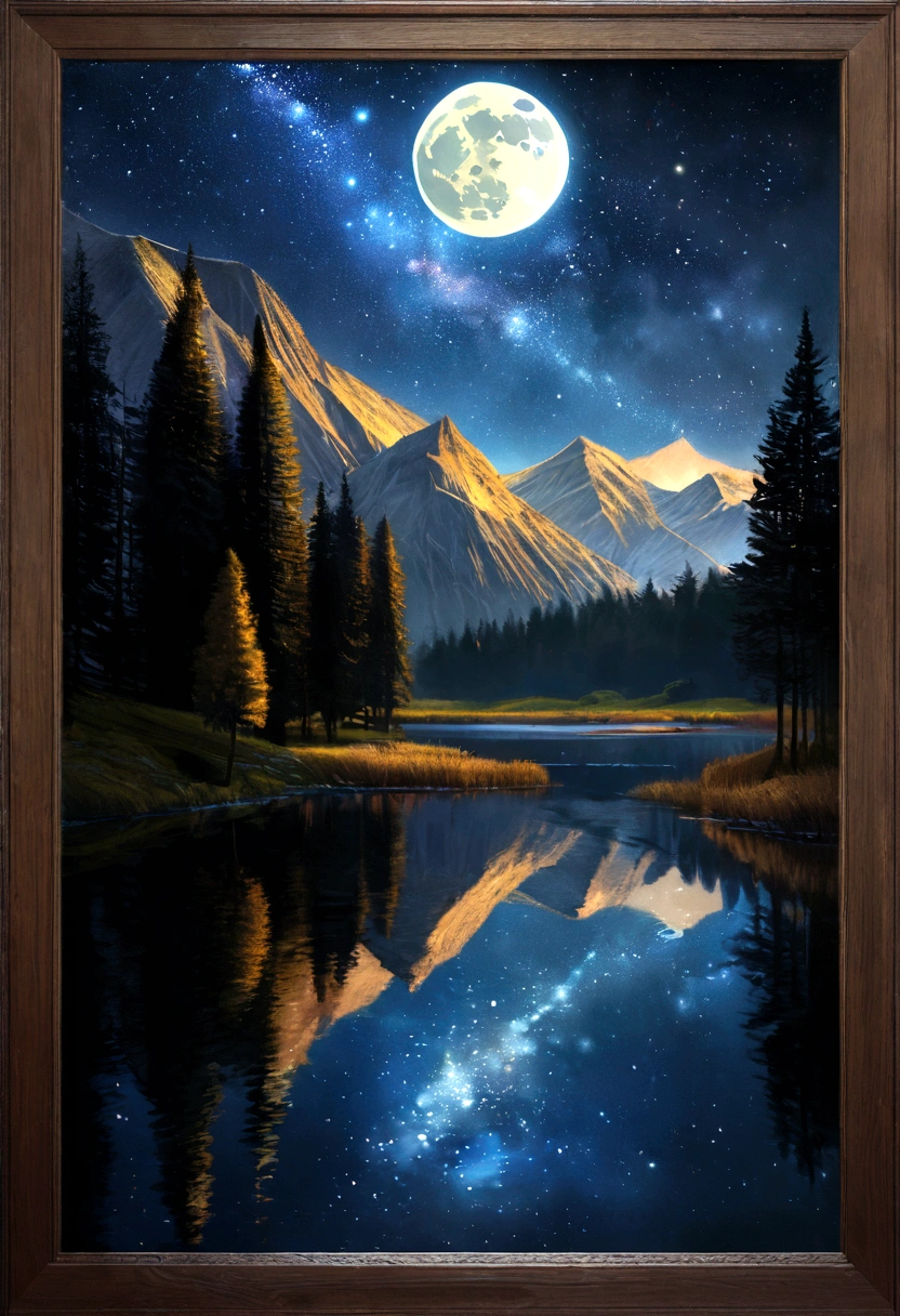 A very starry night. Huge moon behind the mountains. A quiet lake reflecting the night. realistic scene, detailed, Photorealism, 8k
