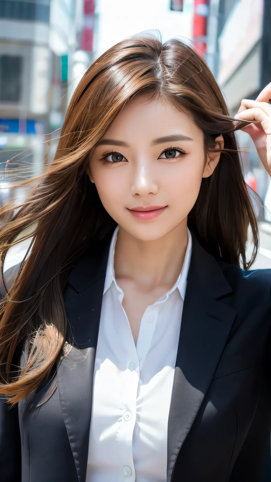 highest quality、genuine、Super detailed、finely、High resolution、8k wallpaper、one beautiful woman、、、light brown disheveled hair、wearing a business suit、sharp focus、perfect dynamic composition、beautiful and detailed eyes、thin hair、Detailed genuine skin texture、smile、model body shape、In Tokyo at morning、Brush your hair up with your fingers.