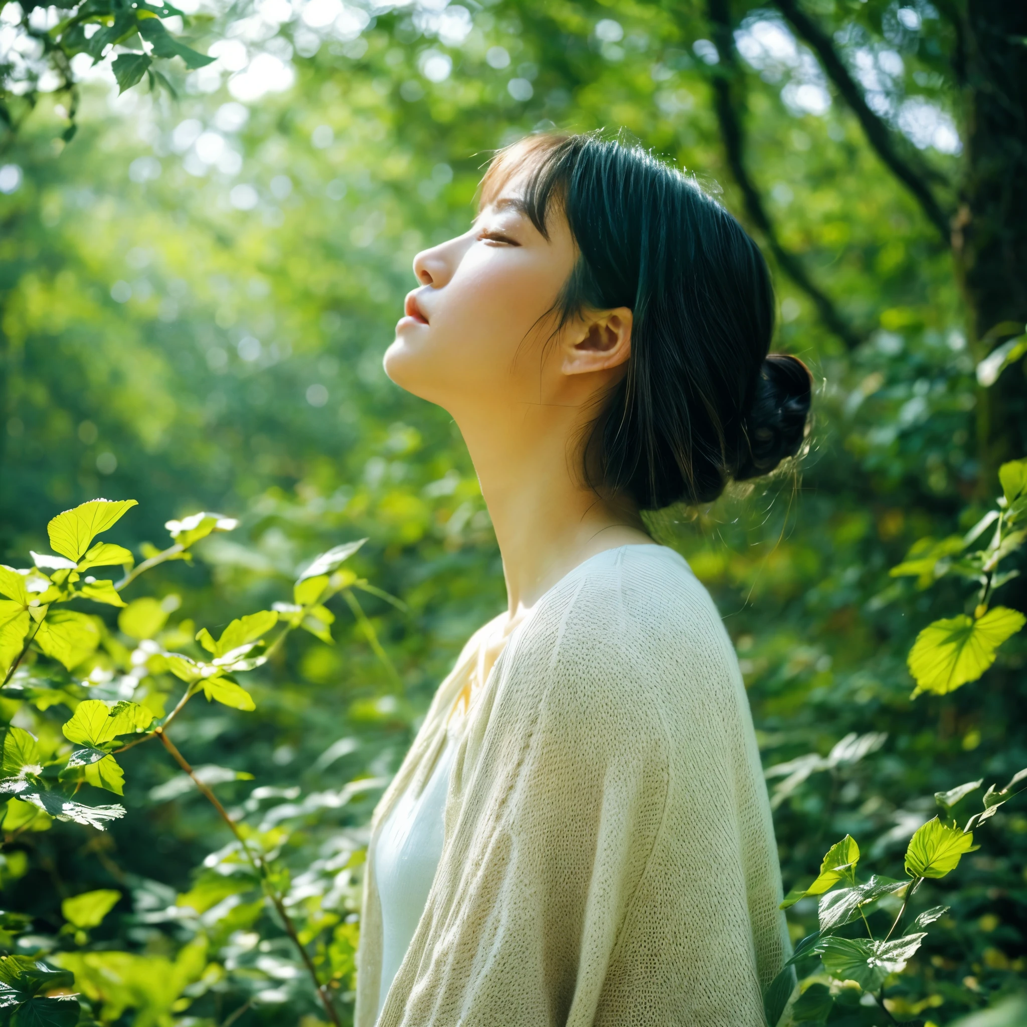 "in the forest、In a quiet place where sunlight shines through the trees、Birds are singing、Butterfly tree々A natural landscape dancing among the。A girl stands by the lake、Soft light penetrates、flower々is decorating the surroundings.。The clear lake shines、The light reflecting off the lake surface sparkles。湖のそばには明るい色のflowerが咲き乱れ、Swaying in the wind。Tall trees in the background々and、I can see a rainbow in the sky in the distance。自然の緑and湖の青を基調に、虹の色彩andflower々の明るい色がアクセントandなり、A soft light envelops the whole、It creates a calm and romantic atmosphere。Overall、Peace and Quiet、愛and調和が感じられるシーンで、自然の美しさand心が通じ合う瞬間の温かさが伝わる。", High resolution, masterpiece, highest quality, Intricate details, Very detailed, Clear focus, Delicate skin, practical skin texture, texture, Delicate eyes, Professional, 4K, Shot with Canon, 85mm, 浅いand深い, Kodak Vision Color, Exactly, Very detailed, photograph_\(Extremist\), photographpractical, practical, Post-processing, Maximum details, Roughness, Real Life, Extremist practical, Photorealism, photographgraphy, 8K Ultra HD, photographgraphy
