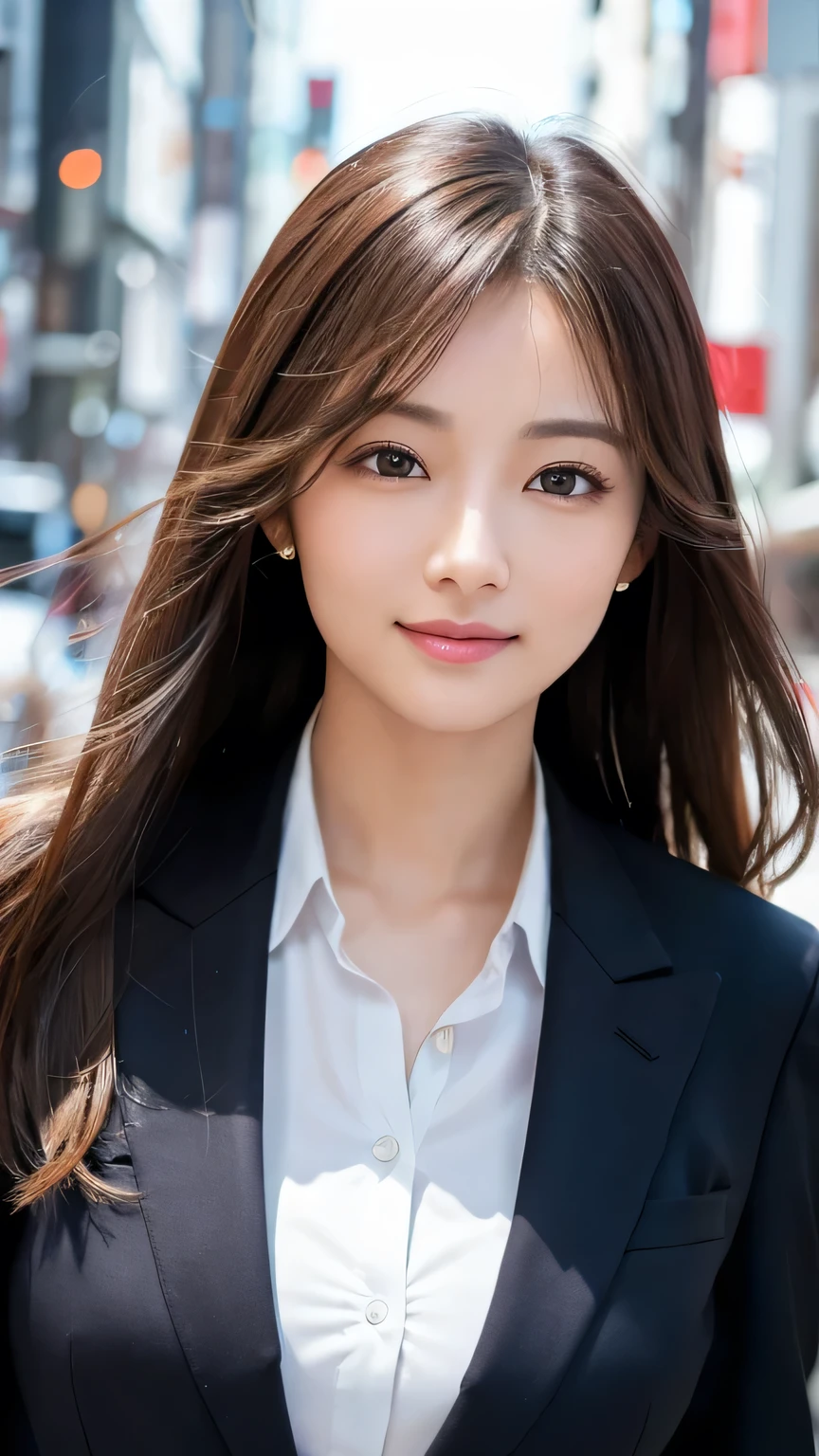 highest quality、genuine、Super detailed、finely、High resolution、8k wallpaper、one beautiful woman、、、light brown disheveled hair、wearing a business suit、sharp focus、perfect dynamic composition、beautiful and detailed eyes、thin hair、Detailed genuine skin texture、smile、model body shape、In Tokyo at morning、Brush your hair up with your fingers.