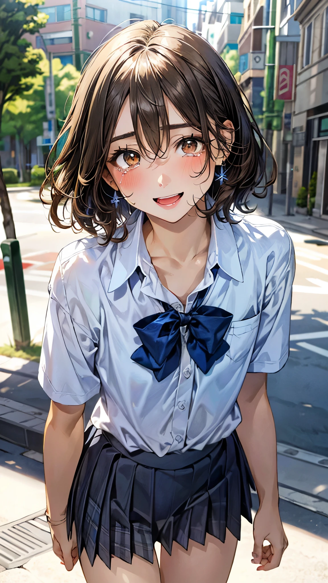 (masterpiece:1.3, top-quality, ultra high res, ultra detailed), (realistic, photorealistic:1.4), beautiful illustration, perfect lighting, natural lighting, colorful, depth of fields, ,
beautiful detailed hair, beautiful detailed face, beautiful detailed eyes, beautiful clavicle, beautiful body, beautiful chest, beautiful thigh, beautiful legs, beautiful fingers, shiny skin, 
looking at viewer, 1 girl, junior high school girl, 12 tears old, (perfect anatomy, anatomically correct, super detailed skin), cute and symmetrical face, babyface, perfect face, perfect eyes, (tiny), 
(short hair, curvy hair, yellow ocher hair), swept bangs, hair between eyes, brown eyes, drooping eyes, big eyes, long eye lasher, (small breasts, thin thighs), skin dendation, 
detailed cloth texture, break, (light green collared shirt), break, (cobalt blue pleated skirt), break, (pink heart hairpin), break, blue plaid bow tie, break, 
(beautiful scenery), day time, (street:1.1), walking, (lovely smile, upper eyes, open mouth small), 