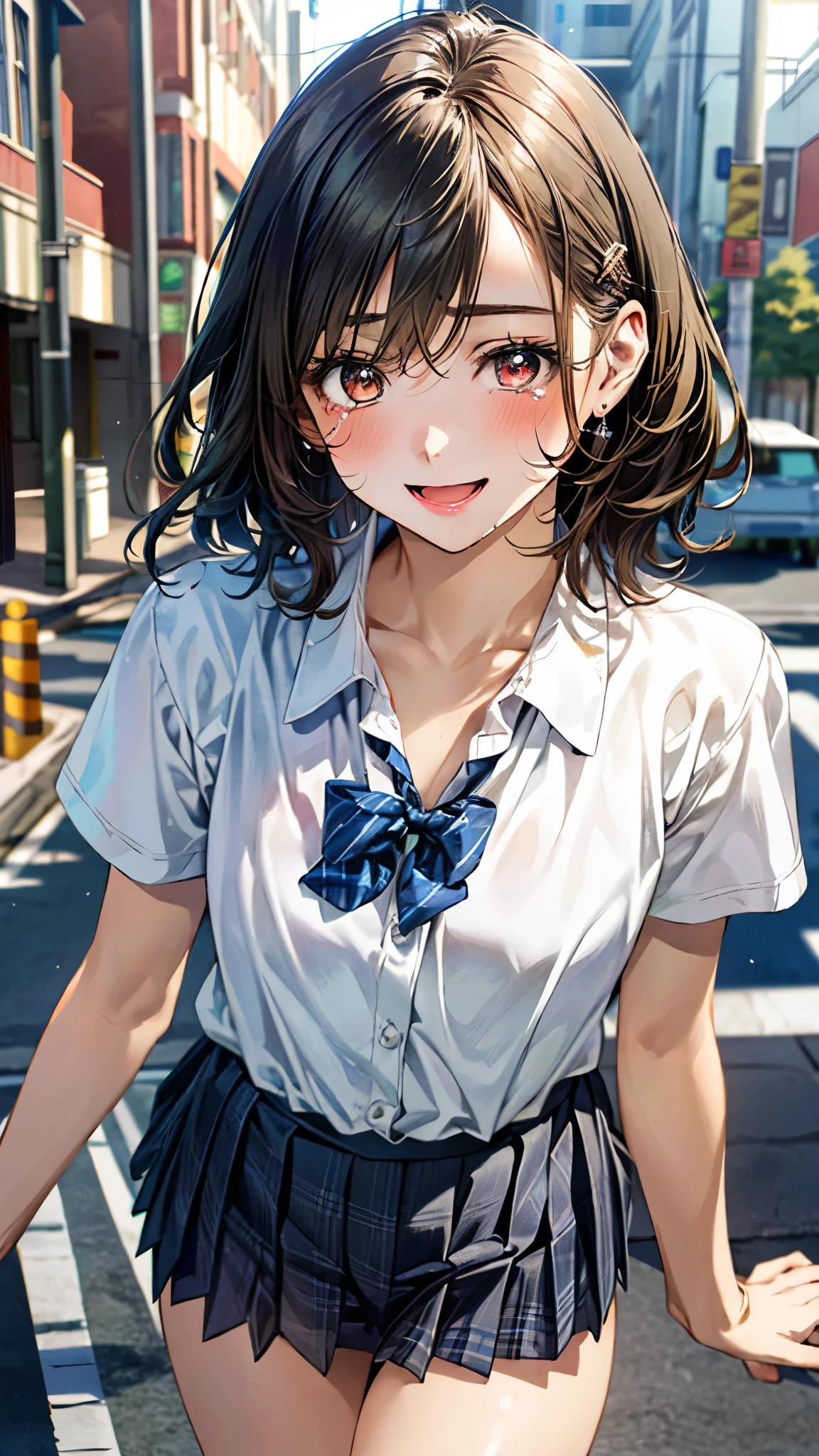 (masterpiece:1.3, top-quality, ultra high res, ultra detailed), (realistic, photorealistic:1.4), beautiful illustration, perfect lighting, natural lighting, colorful, depth of fields, ,
beautiful detailed hair, beautiful detailed face, beautiful detailed eyes, beautiful clavicle, beautiful body, beautiful chest, beautiful thigh, beautiful legs, beautiful fingers, shiny skin,
looking at viewer, 1 girl, junior high school girl, 12 tears old, (perfect anatomy, anatomically correct, super detailed skin), cute and symmetrical face, babyface, perfect face, perfect eyes, (tiny),
(short hair, curvy hair, yellow ocher hair), swept bangs, hair between eyes, brown eyes, drooping eyes, big eyes, long eye lasher, (small breasts, thin thighs), skin dendation,
detailed cloth texture, break, (light green collared shirt), break, (cobalt blue pleated skirt), break, (pink heart hairpin), break, blue plaid bow tie, break,
(beautiful scenery), day time, (street:1.1), walking, (lovely smile, upper eyes, open mouth small),