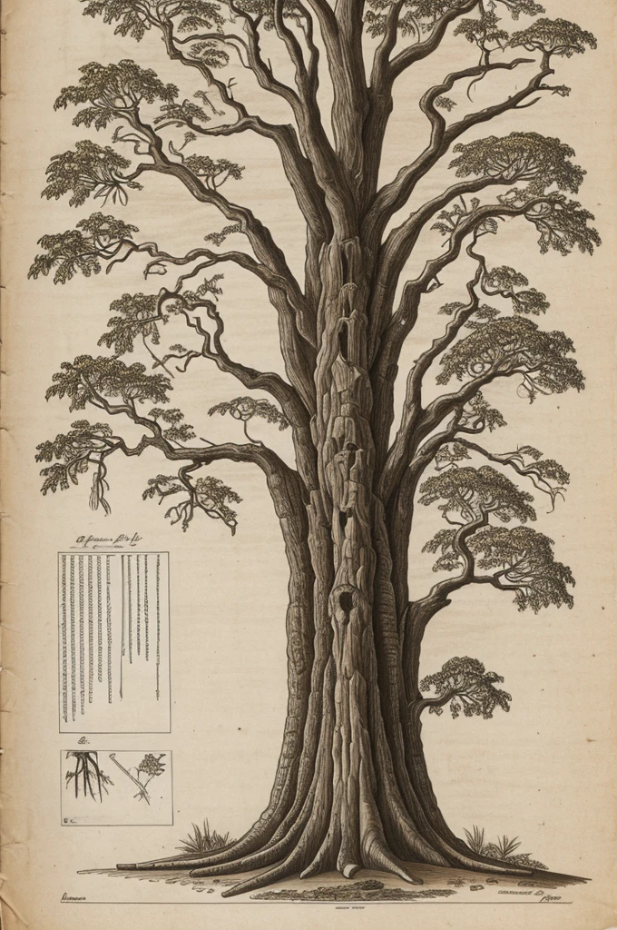 Drawing of a tree that has a root, tronco , ramas y frutos y que sea en png con fondo blanco y que el dibujo no sea tan digital 