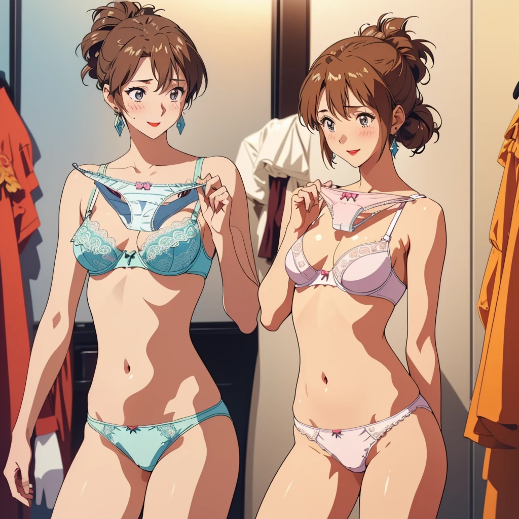 masterpiece, top quality, ultra detailed, ((((AIKA_SUMERAGI, folded ponytail, best anatomy, in underwear, (panties, elaborately designed luxury panties for adults, panties high definition images, draw panties with super precision), lace trimmed bra, extremely detailed texture, earrings, red lip, embarrassed, blush, smile)))), cowboy shot, (((underwear in dressing room))), white skin, (presenting panties)