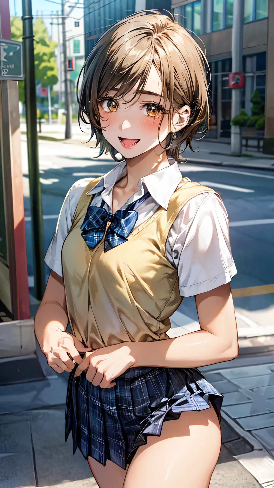 (masterpiece:1.3, top-quality, ultra high res, ultra detailed), (realistic, photorealistic:1.4), beautiful illustration, perfect lighting, natural lighting, colorful, depth of fields, ,
beautiful detailed hair, beautiful detailed face, beautiful detailed eyes, beautiful clavicle, beautiful body, beautiful chest, beautiful thigh, beautiful legs, beautiful fingers, shiny skin,
looking at viewer, 1 girl, girl, 12 tears old, (pertomy, anatomically correct, super detailed skin), cute and symmetrical face, babyface, perfect face, pet eyes, (tiny),
(short hair, curvy hair, yellow ocher hair), swept bangs, hair between eyes, brown eyes, drooping eyes, big eyes, long eye lasher, (small breasts, thin thighs), skin dendation,
detailed cloth texture, break, (light green collared shirt), break, (cobalt blue pleated skirt), break, (pink heart hairpin), break, blue plaid bow tie, break,
(beautiful scenery), day time, (street:1.1), walking, (lovely smile, upper eyes, open mouth small),