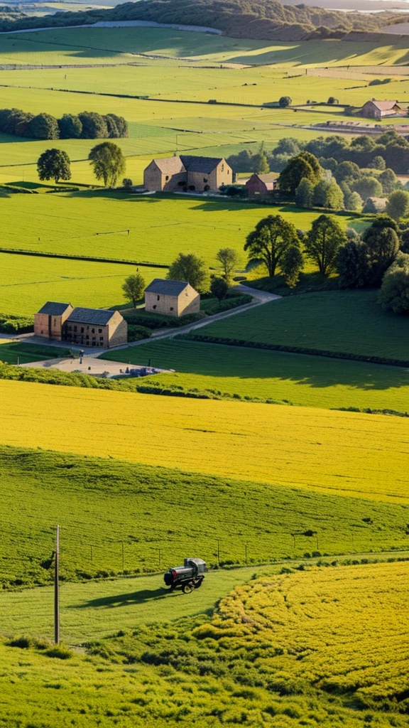 Point of view, Wheat meadow, with many people working and harvesting, in the background you can see a large rural village with wooden houses and a large golden castle of a small wall