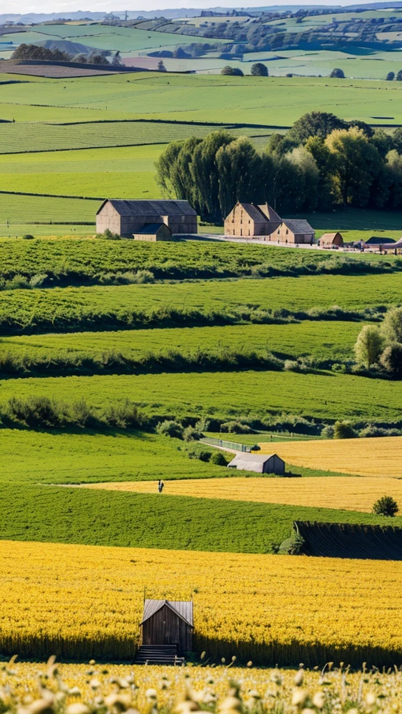 Point of view, Wheat meadow, with many people working and harvesting, in the background you can see a large rural village with wooden houses and a large golden castle of a small wall 