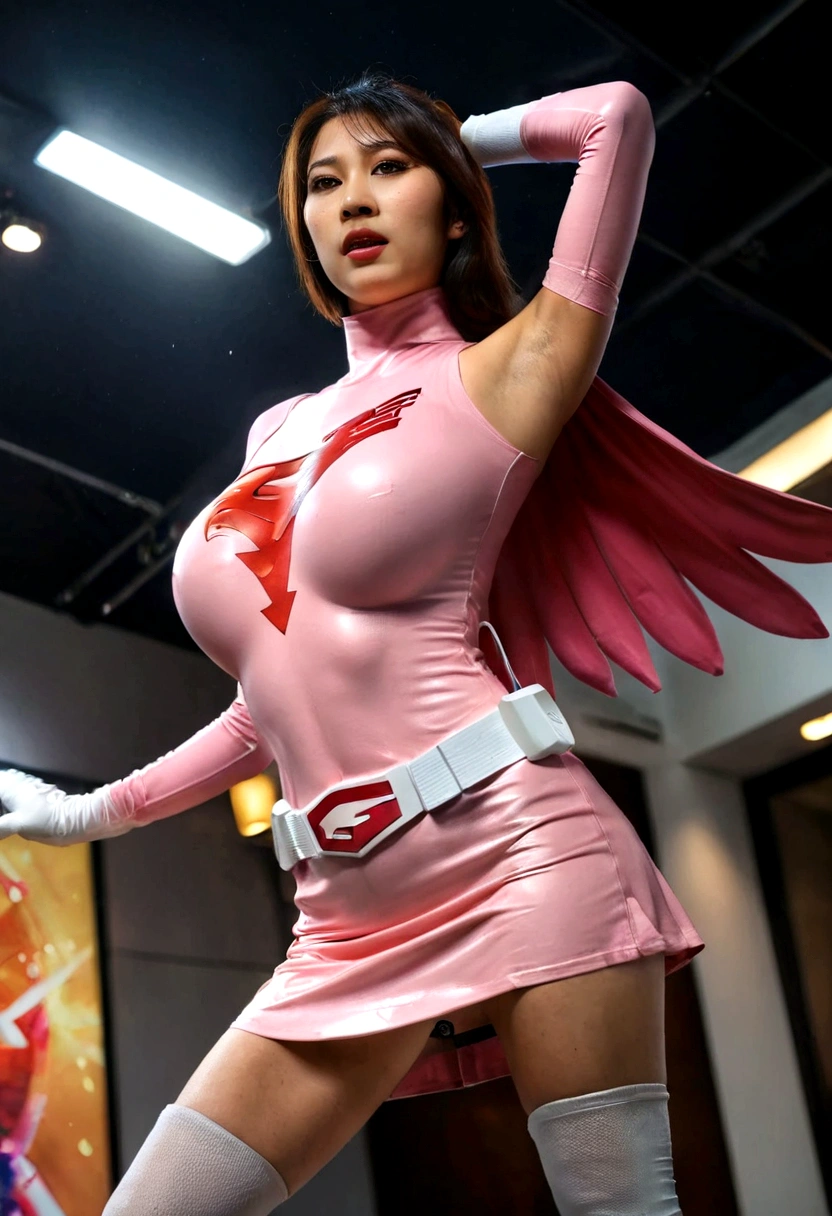 A girl in pink Gatchaman costume, miniskirt, long boots, long gloves, standing, one leg up, detailed face, H3JTS, giga_busty, best quality, 4k, 8k, highres, masterpiece:1.2, ultra-detailed, realistic, photorealistic, photo-realistic:1.37, HDR, UHD, studio lighting, ultra-fine painting, sharp focus, physically-based rendering, extreme detail description, professional, vivid colors, bokeh, concept art, dildointhong, from below