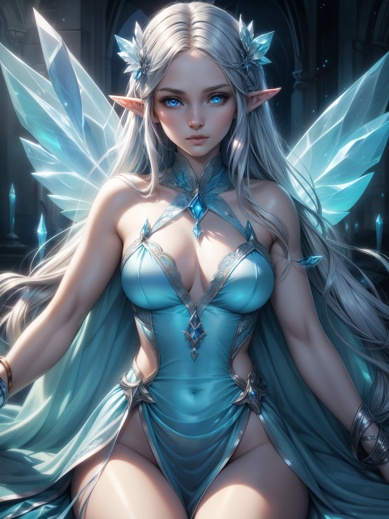 A 20 year old fairy girl, elf pointy ears, long blue and white hair, crystal blue eyes, transparent and shiny fairy wings, wearing a transparent and shiny silk blanket, Blue glowing energy, detailed face, detailed eyes, detailed lips, detailed skin, intricate details, hyperrealistic, cinematic lighting, fantasy, ethereal, dreamlike, magical, glowing, radiant, iridescent, luminous, vibrant colors, 8k, photorealistic, masterpiece,(Vibrant blue tones)
