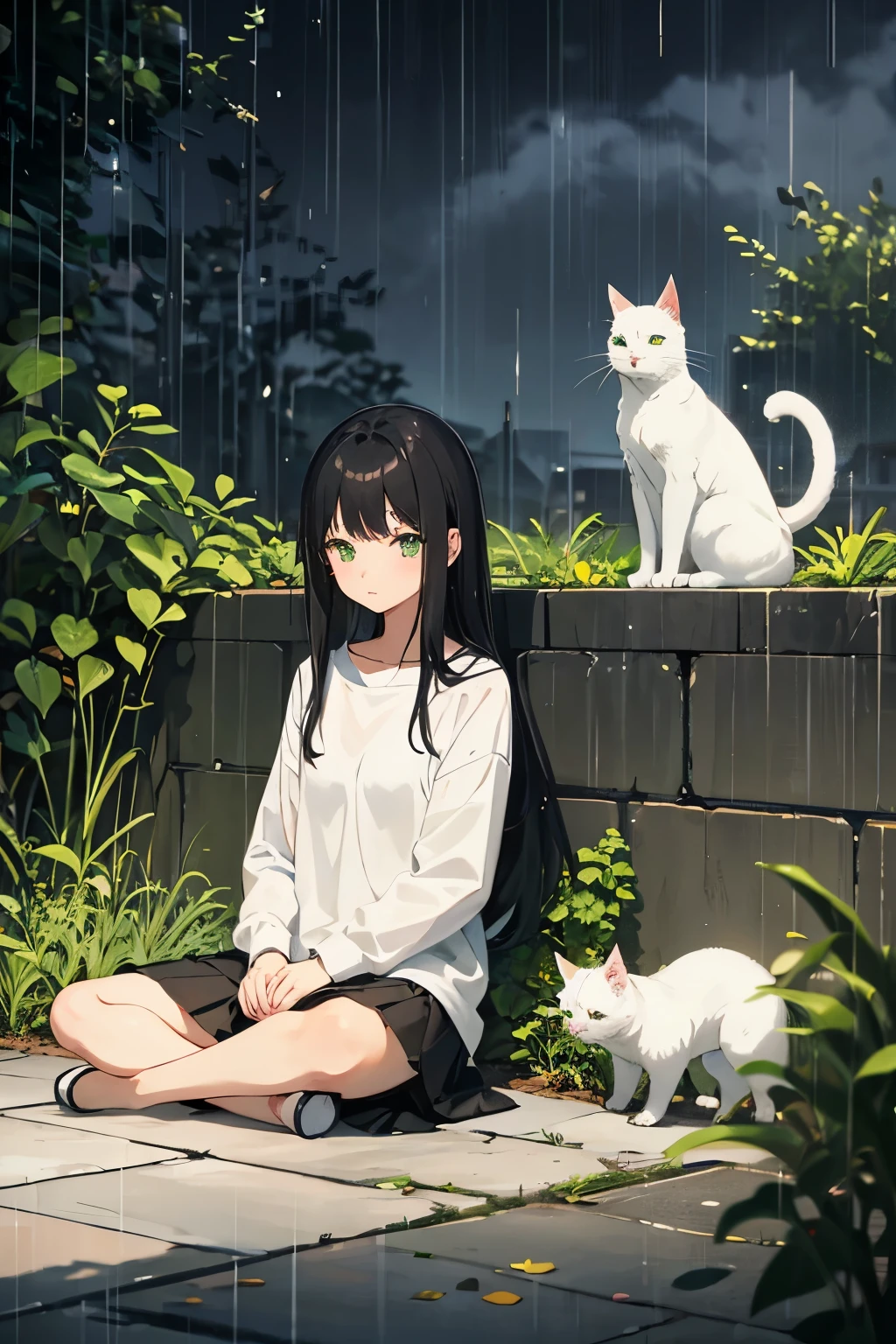 .Anime girl with black hair and green eyes.At night.Sitting alone next to a white cat.in the rain