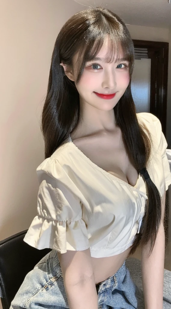 ((best quality, 8ก, Masterpiece: 1.3)), 1 girl, Beautiful figure, slim stomach.: 1.3, (Casual hairstyle, big breasts: 1.2), set: 1.1, Very smooth face, delicate eyes, Double eyelids, smile, house