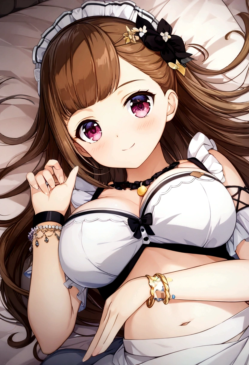 (2 young girls with long hair, Beautiful face and eyes, pink eyes, Charming smile, (Maid cafe costume with frilly breasts and wide open breasts, Pleated mini skirt:1.5), (Daikai Maid Cafe Costume:1.2), Sexy transparent underwear and panties, Miniskirt turned inside out、Underwear half exposed、Show belly button、 Extra large breasts、(very pretty girl), With pendants and bracelets、brown hair, Fashion hair accessories quality:1.4), (Extremely detailed), (Extremely detailed CG unified 8k wallpaper), Very detailed, High-resolution original color photos, Professional photography, Depth of Field, (Lie flat on your bed)