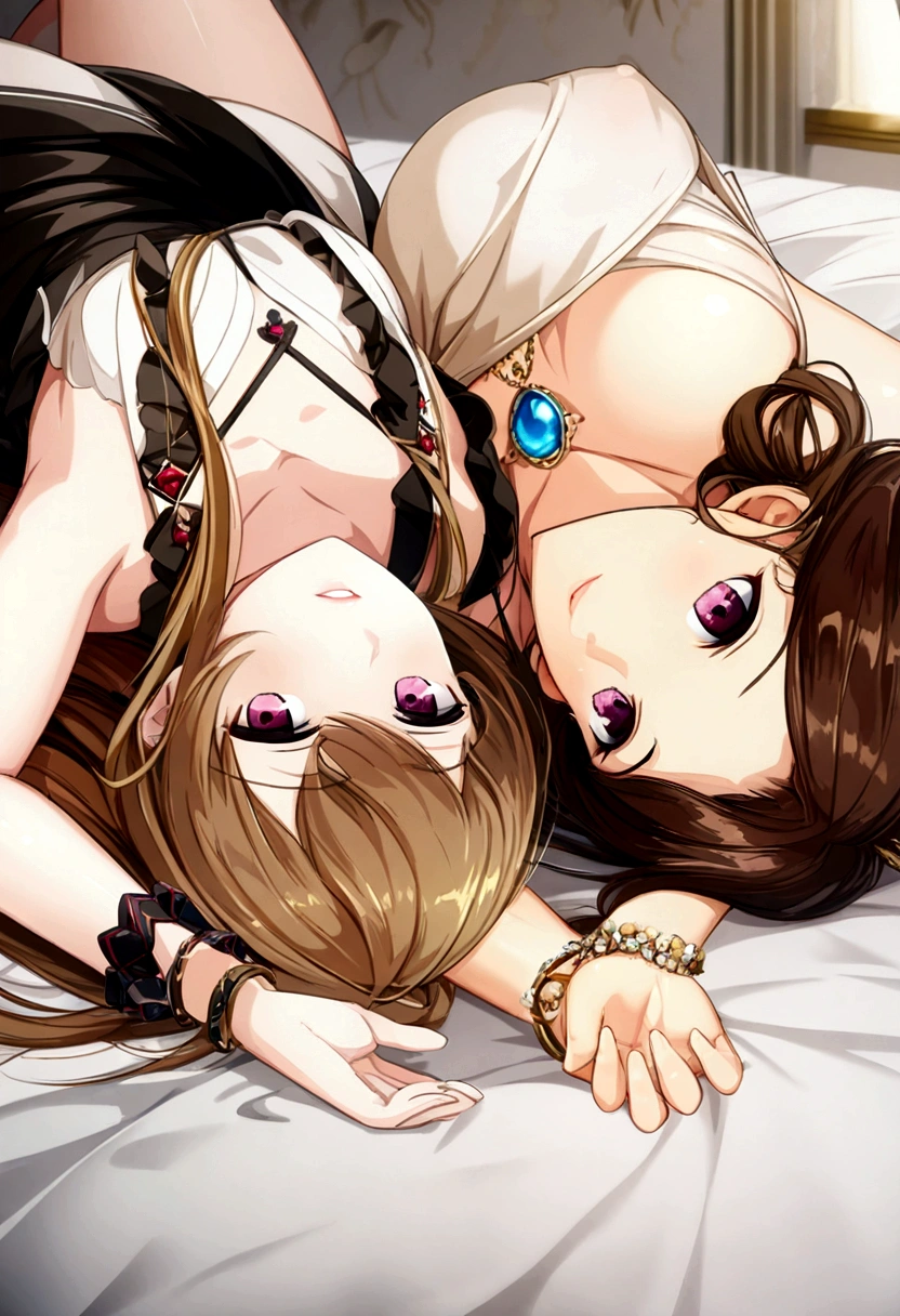 (ung girls with long hair, Beautiful face and eyes, pink eyes, Charming smile, (Maid cafe costume with frilly brea wide open breasts, Plini skirt:1.5), (Daikai Maid Cafe Costume:1.2), Sexy transparent urwear and panties, Miniskirt tuside out、Underwear half exposed、Show belly button、 Extra large breasts、y pretty girl), Withts and bracelets、brown hair, Fashion hair accessories quality:1.4), (Extremely detailed), (Extremely detailed CG unified 8k wallpaper), Very detailed, High-resolution original color photos, Professional photography, Depth of Field, (Lie flat on your bed)
