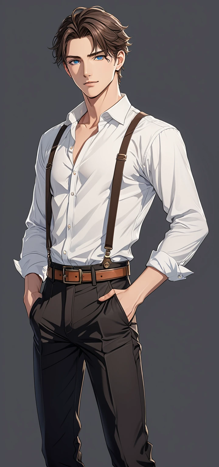 beautiful illustration, visual novel, highly detailed, masterpiece, anime style, handsome man, blue eyes, slim, handsome man, wearing white shirt and suspenders, brown belt, black pants, man 25 years old