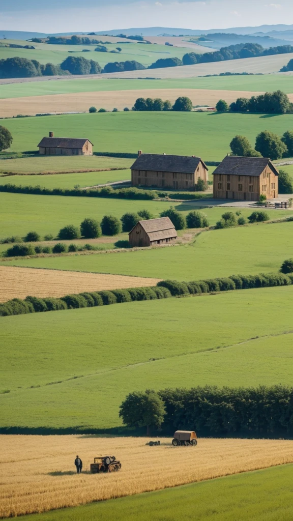 Point of view, Wheat meadow, with many people working and harvesting, in the background you can see a large rural village with wooden houses and a large golden castle of a small wall