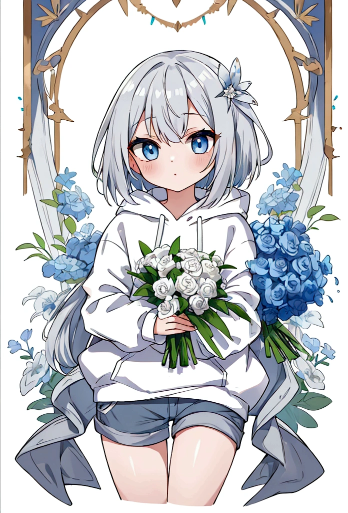 Girl,Silver Hair,blue eyes,Bob,birthday,whole body,White hoodie,Grey shorts,bouquet