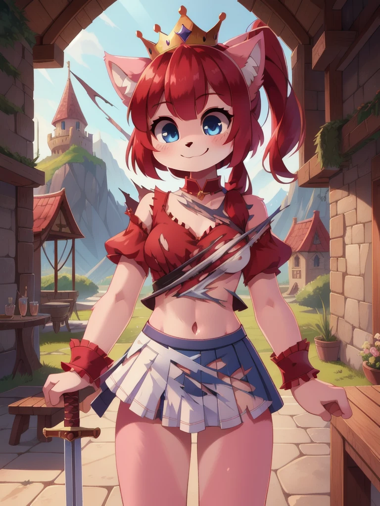 furry girl, cat, red hair, Knight bangs hairstyle, long ponytail, anime style, medium breasts, blue eyes, ((red frilly shirt, two shoulders, midriff, white skirt, princess crown)), high quality, detailed body, detailed eyes, detailed face, masterpiece, glistening body, detailed body fur, best quality, two tone body, pink fur, clear pink fur, perfect lighting, perfect shadows, perfect eyes, perfect hair, perfect face, gorgeous body, skinny, standing, solo, :3, smilling, standing, tavern, (torn clothes, torn skirt, torn shirt), half nude, mountain, castle on the background, holding a sword, sword,