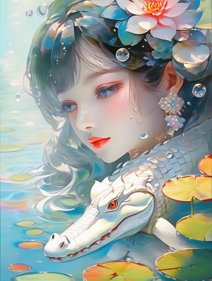 a pretty women, white crocodile, lake, lotus, Colorful colors, surrounded by water bubbles, in the style of Kawacy, Masterpiece, Oil painting drawn in realis style, head close - up, exaggerated perspective, Tyndall effect, water drops, mother - of - pearl iridescence, Holographic white,