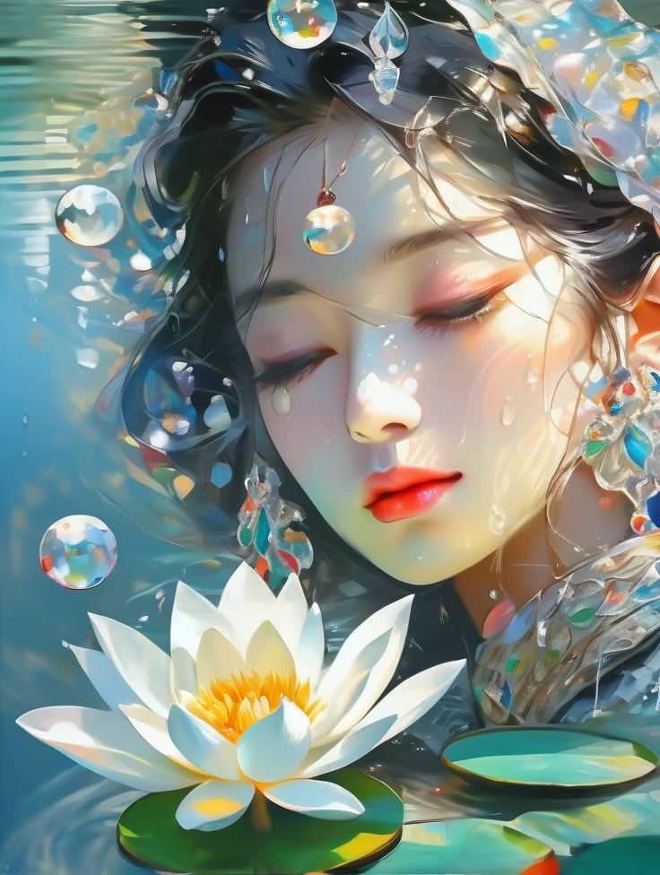 yanzawa, brunette hair, 1 girl, petals, long hair, water, solo, partially submerged, flower, traditional media, high quality,