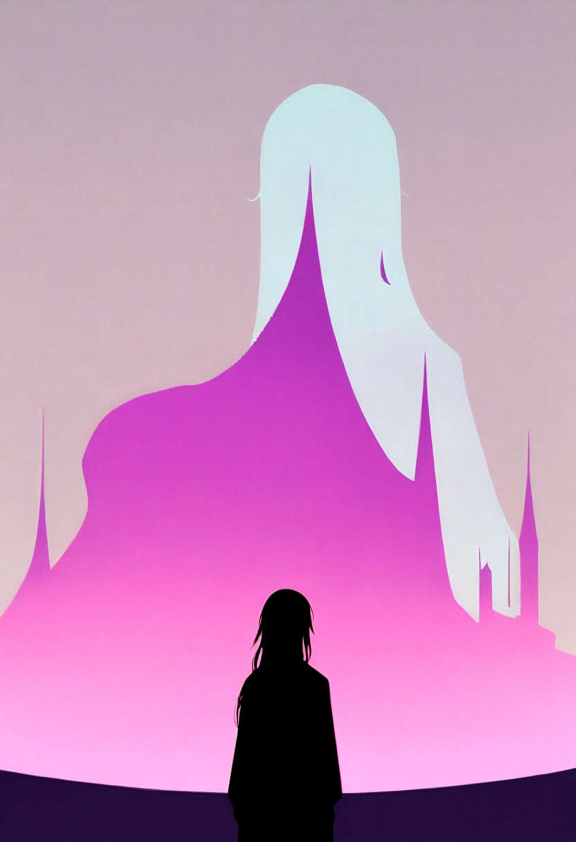 Character half-aside, Male, Boy, 17 years old, Medium beard, red brown hair, Green eyes, Long hair, calm. Wise, Background with neon purple graffiti, Utopian city, surrealism, Minimalism, expressionistic, Anime style, shadowing, filmgrain, Vignetting, Silhouette, 1080p, Anatomically correct
