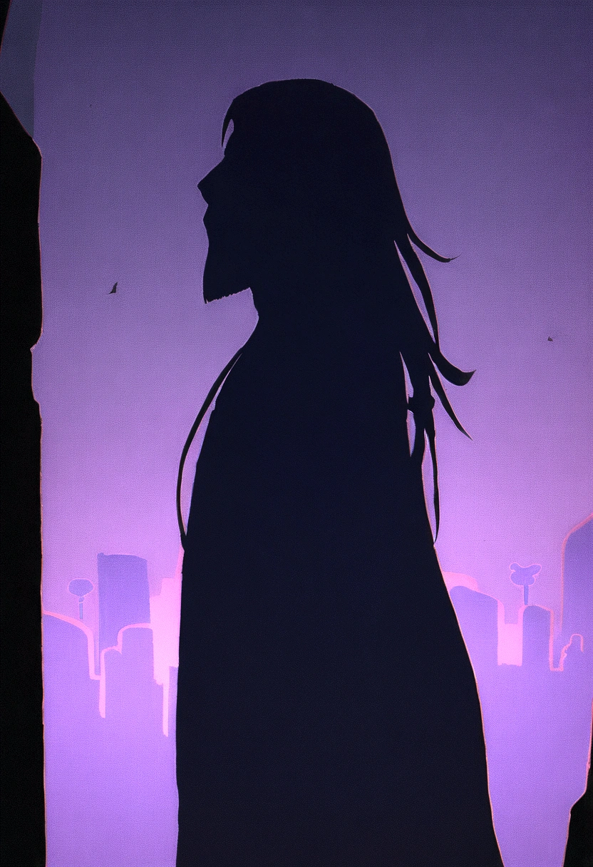 Character half-aside, Male, Boy, 17 years old, Medium beard, red brown hair, Green eyes, Long hair, calm. Wise, Background with neon purple graffiti, Utopian city, surrealism, Minimalism, expressionistic, Anime style, shadowing, filmgrain, Vignetting, Silhouette, 1080p, Anatomically correct