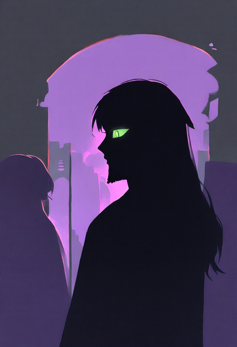 Character half-aside, Male, Boy, 17 years old, Medium beard, red brown hair, Green eyes, Long hair, calm. Wise, Background with neon purple graffiti, Utopian city, surrealism, Minimalism, expressionistic, Anime style, shadowing, filmgrain, Vignetting, Silhouette, 1080p, Anatomically correct