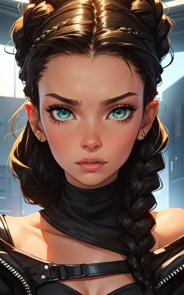 Black braided hair, Wide shoulders, lean body, green eyes, Perfect face, Close-up, cyberpunk girl, Face based on kate moss, Portrait, black, short curly hair  with a bum, German girl, concealed hands, seductive, blonde hair, european, Female, athletic girl, perfect face.