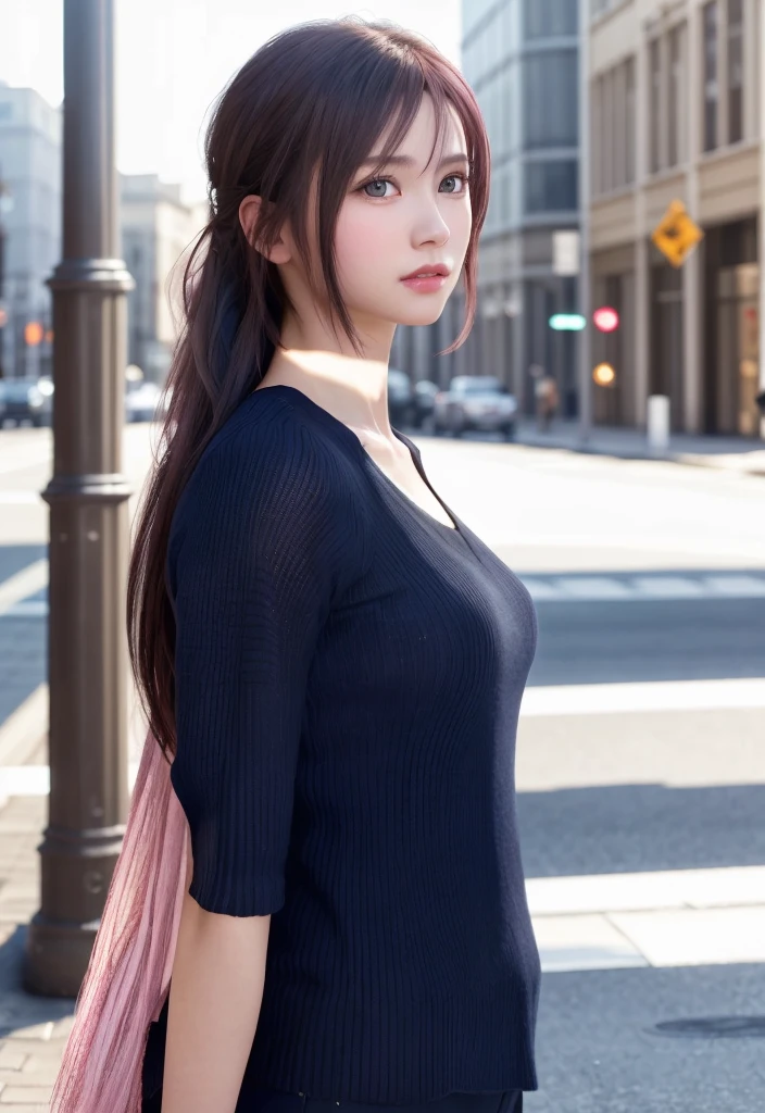 8K, of the highest quality, masutepiece:1.2), (Realistic, Photorealsitic:1.37), of the highest quality, masterpiece, bight pink hair, Beautiful young woman, Pensive expression, charming, an inviting look, pixie hair, Cinematic background, Light skin tone, city street Background, sadness