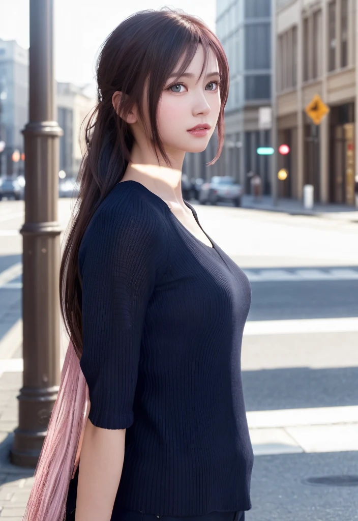 8K, of the highest quality, masutepiece:1.2), (Realistic, Photorealsitic:1.37), of the highest quality, masterpiece, bight pink hair, Beautiful young woman, Pensive expression, charming, an inviting look, pixie hair, Cinematic background, Light skin tone, city street Background, sadness