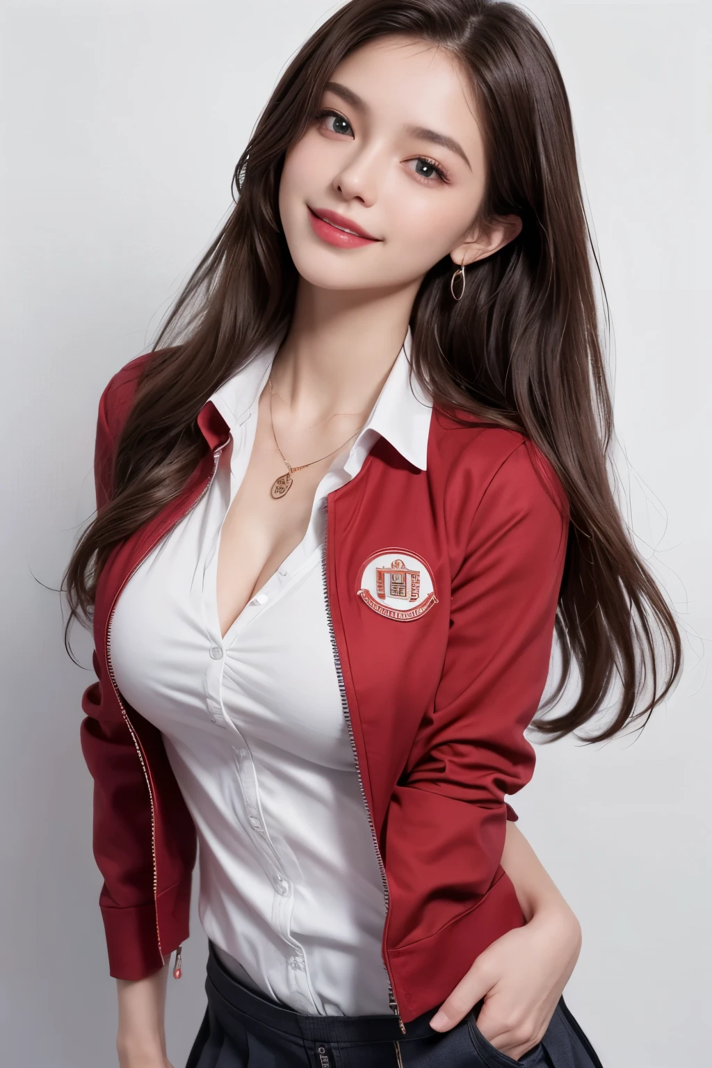 (masterpiece:1.2, highest quality:1.2), 32K HDR, High resolution, (alone, 1 girl), （Hyper-realistic portrait of an AirAsia flight attendant in uniform）, A proper woman, Beautiful Face, Dark brown hair, (Long hair down to the waist), (Red jacket:1.1, Unzipped jacket, Unbuttoned white shirt:1.05, Red mini skirt:1.1, pantyhose), Perfect slim body:1.1, Big Breasts, Huge cleavage, （Showing cleavage), Detailed skin texture, Fine Eyes, (smile:1.2), forward leaning posture:1.5、necklace、Earrings、(Simple white background, Bright lighting),blue eyes、Show your ears、Don&#39;Don&#39;t cover your ears with hair、Long Shot