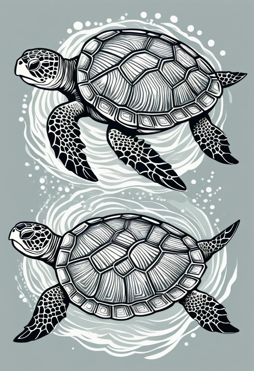 there are two turtles swimming in the water together, sea turtle s, turtle shell with abstract teeth, high quality illustration, beautiful artwork illustration, stock illustration, on gray background, vector art, figure ", calm illustration, SVG illustration, clean cel shaded vector art, sea tattoo sketch, vector design, vector drawing