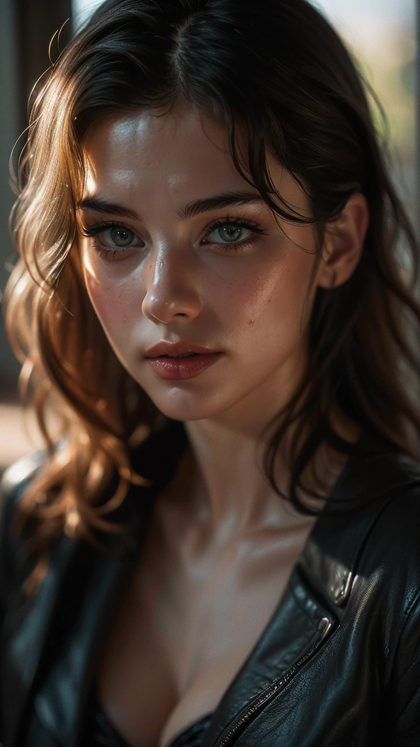 (((ultra realistic))) Photo, masterpiece, top quality, (pale skin), (Ultra detailed face and eyes:1.2), Bright eyes,  1 girl, brassiere, near window,sunrays on face, (Eye makeup, mascara) , ((Dark wavy hair)) , ((Stylish hairstyle)) , (Natural medium size breasts), (A slight smile), ((Posing)), photoshoot, studio (Contour lighting), (The play of light and shadows), depth of field, bokeh, (special attention to skin detail: 1.2), Detailed leather texture, skin pores. ( color scheme - black, Gray, Ashen, yellow tones)), ((Film grain, VHS effect)), ((rays)) , ((waist up portrait, close to the camera)) , ultra detialed, 