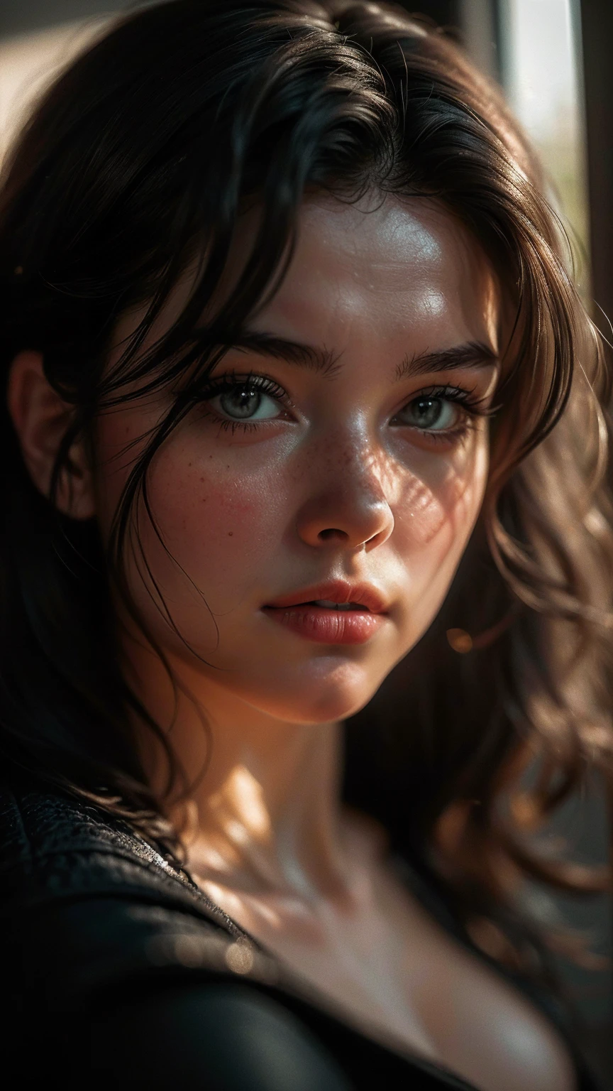 (((ultra realistic))) Photo, masterpiece, top quality, (pale skin), (Ultra detailed face and eyes:1.2), Bright eyes,  1 girl, brassiere, near window,sunrays on face, (Eye makeup, mascara) , ((Dark wavy hair)) , ((Stylish hairstyle)) , (Natural medium size breasts), (A slight smile), ((Posing)), photoshoot, studio (Contour lighting), (The play of light and shadows), depth of field, bokeh, (special attention to skin detail: 1.2), Detailed leather texture, skin pores. ( color scheme - black, Gray, Ashen, yellow tones)), ((Film grain, VHS effect)), ((rays)) , ((waist up portrait, close to the camera)) , ultra detialed, 