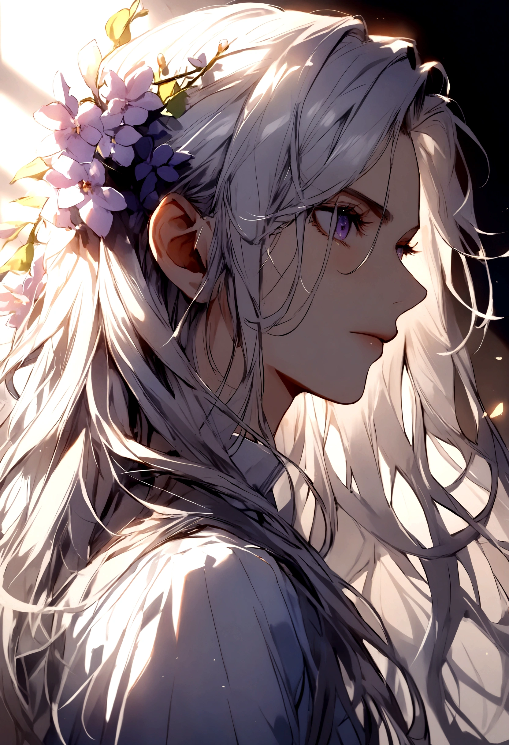 Male, beauty, white hair, long hair, eyes lilac