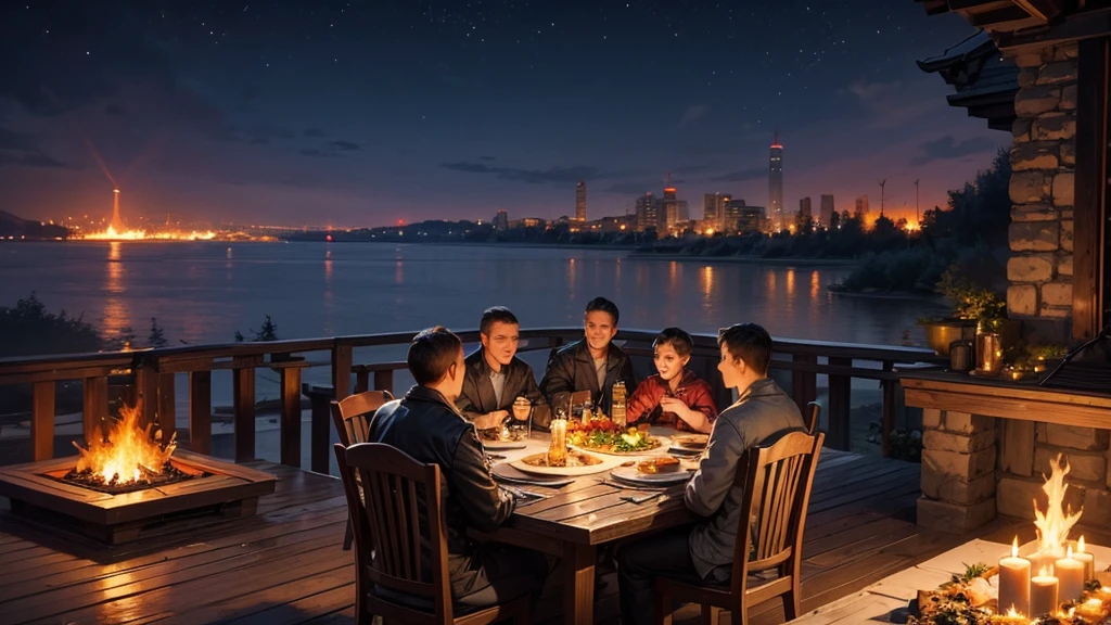 a family is enjoying a outdoors dinner at night of summer, big family, in the background there is a lake and modern lookin city, there is a wooden dinner table with festive meals, the dark sky is illuminated by fiery missiles about to hit the unsuspecting family, the peace before war