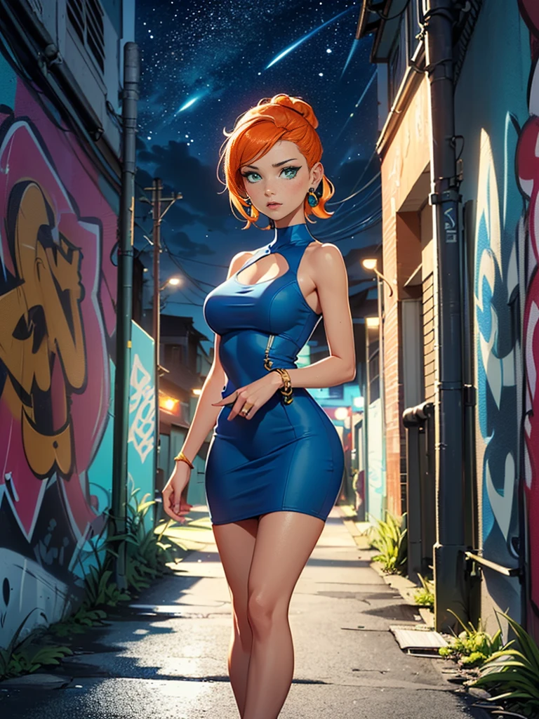 ((gwendolyn_tennyson, shaved side hair, short hair, orange hair, green eyes, fitness, large hips, medium breasts)), ((pink lipstick, Extremely detailed, ambient soft lighting, 4k, perfect eyes, a perfect face, perfect lighting, a 1girl)), austere, ((high hell, stiletto high heels, jade earrings, gold jewelry, (blue dress, bodycon dress), bodycon dress)), night sky, clouds, (graffiti alley, graffiti walls, in an alley, night, moonlight, starry night),