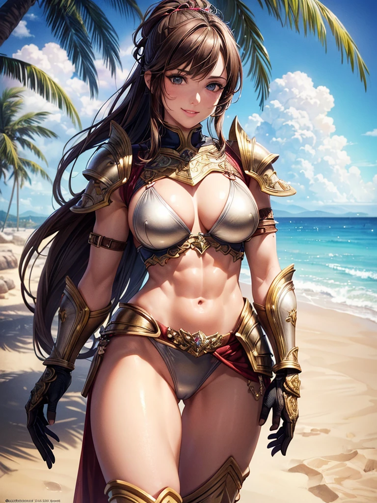 ,(best quality, ultra-detailed, realistic:1.37, masterpiece:1.2), woman, beautiful detailed eyes, beautiful detailed lips, brown hair tied up, smile, bikini armor, (muscular body:1.1),slim figure, caustics, textile shading, toned body, clean abs, palm trees swaying, Highly detailed colorful fancy armor and gauntlets,,desert