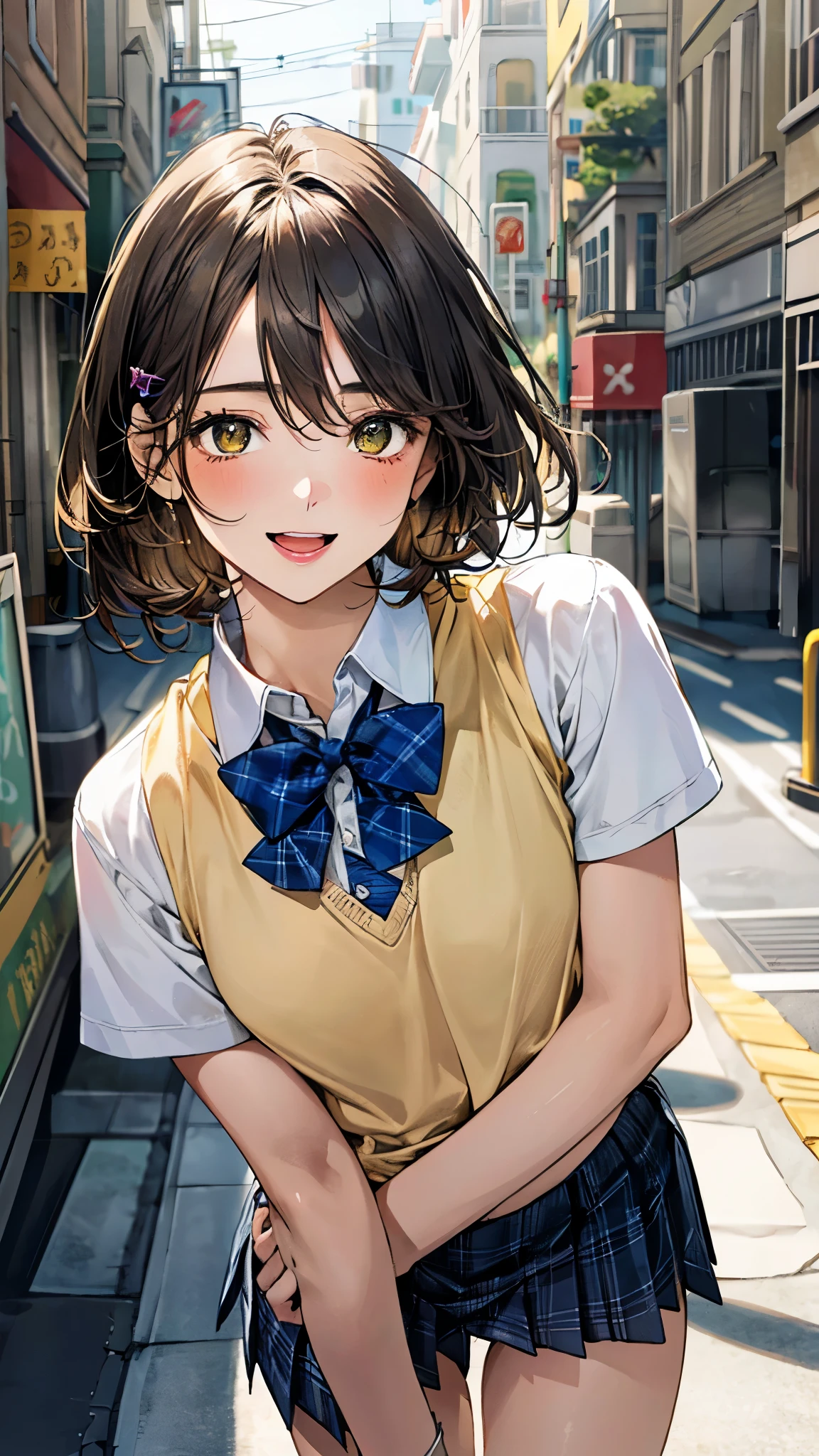 (masterpiece:1.3, top-quality, ultra high res, ultra detailed), (realistic, photorealistic:1.4), beautiful illustration, perfect lighting, natural lighting, colorful, depth of fields, ,
beautiful detailed hair, beautiful detailed face, beautiful detailed eyes, beautiful clavicle, beautiful body, beautiful chest, beautiful thigh, beautiful legs, beautiful fingers, shiny skin,
looking at viewer, 1 girl, junior high school girl, , (perfect anatomy, anatomically correct, super detailed skin), cute and symmetrical face, babyface, perfect face, perfect eyes, (tiny),
(short hair, curvy hair, yellow ocher hair), swept bangs, hair between eyes, brown eyes, drooping eyes, big eyes, long eye lasher, (small breasts, thin thighs), skin dendation,
detailed cloth texture, break, (light green collared shirt), break, (cobalt blue pleated skirt), break, (pink heart hairpin), break, blue plaid bow tie, break,
(beautiful scenery), day time, (street:1.1), walking, (lovely smile, upper eyes, open mouth small),