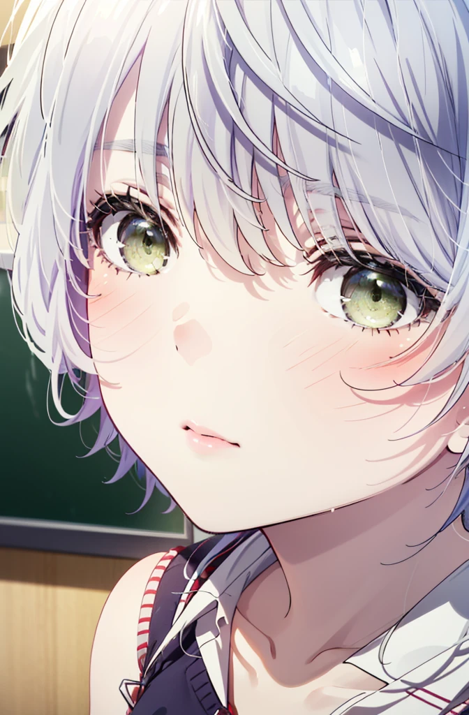 fuukakikuchi, fuuka kikuchi, short hair, bangs, Hair between the eyes, (Green Eyes:1.3), Grey Hair,White vest,Red Tank Top,Shorts,Cute Sandals,whole bodyがイラストに入るように,
break indoors, classroom,
break looking at viewer,whole body,
break (masterpiece:1.2), highest quality, High resolution, unity 8k wallpaper, (figure:0.8), (Beautiful fine details:1.6), Highly detailed face, Perfect lighting, Highly detailed CG, (Perfect hands, Perfect Anatomy),