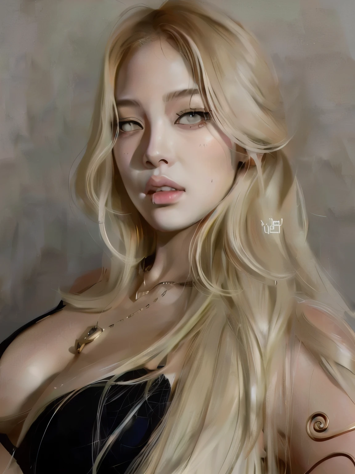 um close de uma mulher com longos cabelos loiros usando um vestido preto, realista. Cheng Yi, even model | digite germe, Retrato de Jossi do Blackpink, kpop idol portrait, pele brilhante, wlop rossdraws, realista digital painting, photorealista!!!!!!! Estilo de arte, realista Estilo de arte, realista digital illustration, pintura digital rossdraws, por Yang J