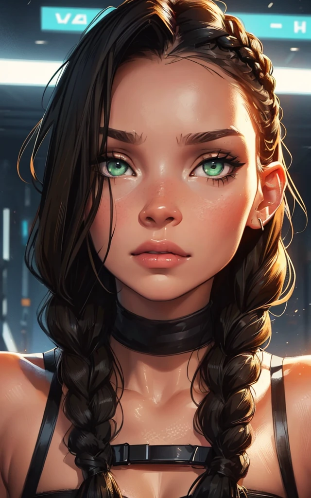 Black braided hair, Wide shoulders, lean body, green eyes, Perfect face, Close-up, cyberpunk girl, Face based on kate moss, Portrait, black, short curly hair  with a bum, German girl, concealed hands, seductive, blonde hair, european, Female, athletic girl, perfect face.