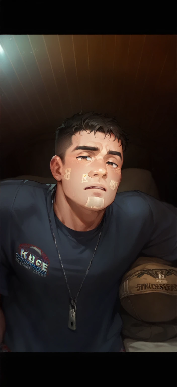 2 teen males posing, (((16yo))), sport body, atmospheric, khaki patterned text boxers, square teen male face, full body view, slave, focused on face, dark atmosphere, lying in bed