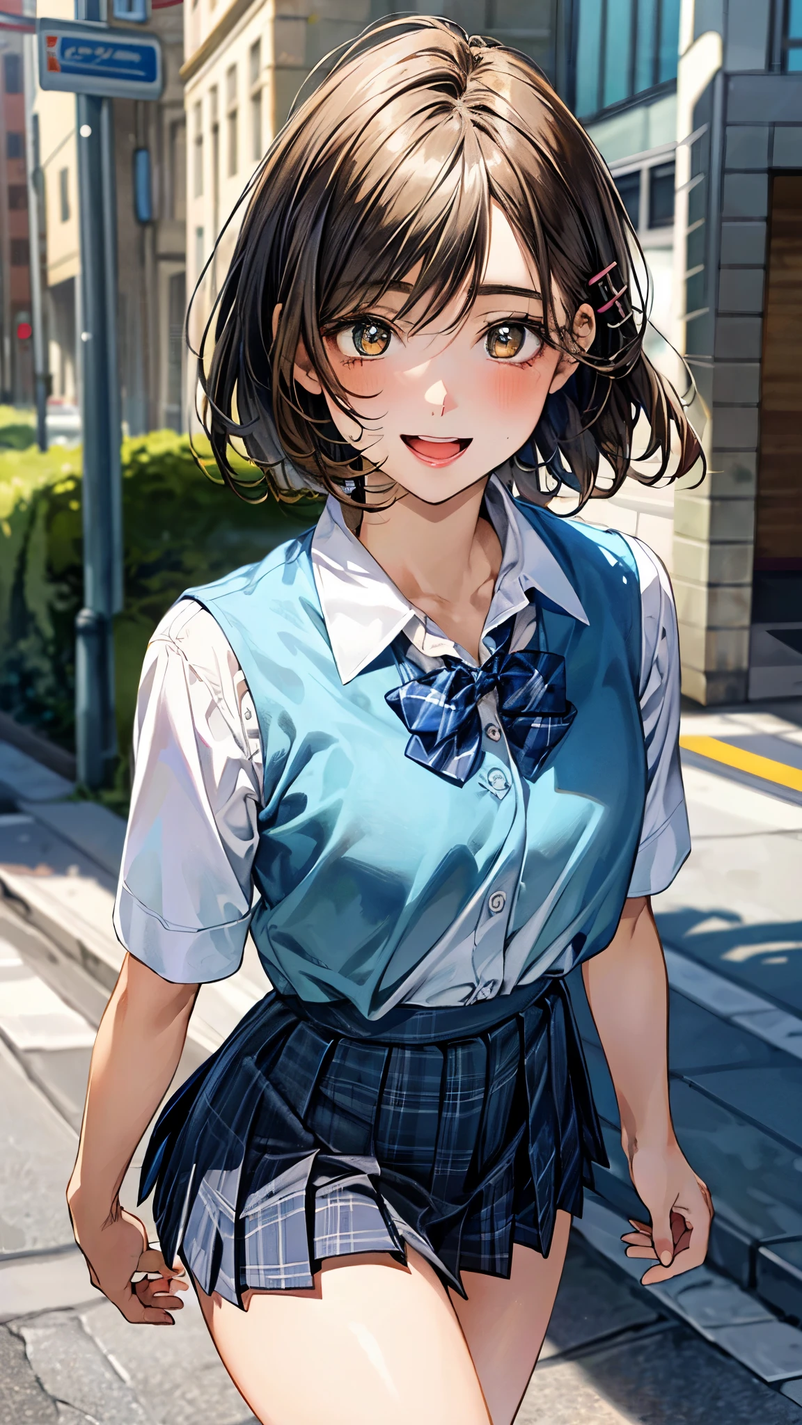 (masterpiece:1.3, top-quality, ultra high res, ultra detailed), (realistic, photorealistic:1.4), beautiful illustration, perfect lighting, natural lighting, colorful, depth of fields, ,
beautiful detailed hair, beautiful detailed face, beautiful detailed eyes, beautiful clavicle, beautiful body, beautiful chest, beautiful thigh, beautiful legs, beautiful fingers, shiny skin,
looking at viewer, 1 girl, junior high school girl, 12 years old, (perfect anatomy, anatomically correct, super detailed skin), cute and symmetrical face, babyface, perfect face, perfect eyes, (tiny),
(short hair, curvy hair, yellow ocher hair), swept bangs, hair between eyes, brown eyes, drooping eyes, big eyes, long eye lasher, (small breasts, thin thighs), skin dendation,
detailed cloth texture, break, (light green collared shirt), break, (cobalt blue pleated skirt), break, (pink heart hairpin), break, blue plaid bow tie, break,
(beautiful scenery), day time, (street:1.1), walking, (lovely smile, upper eyes, open mouth small),