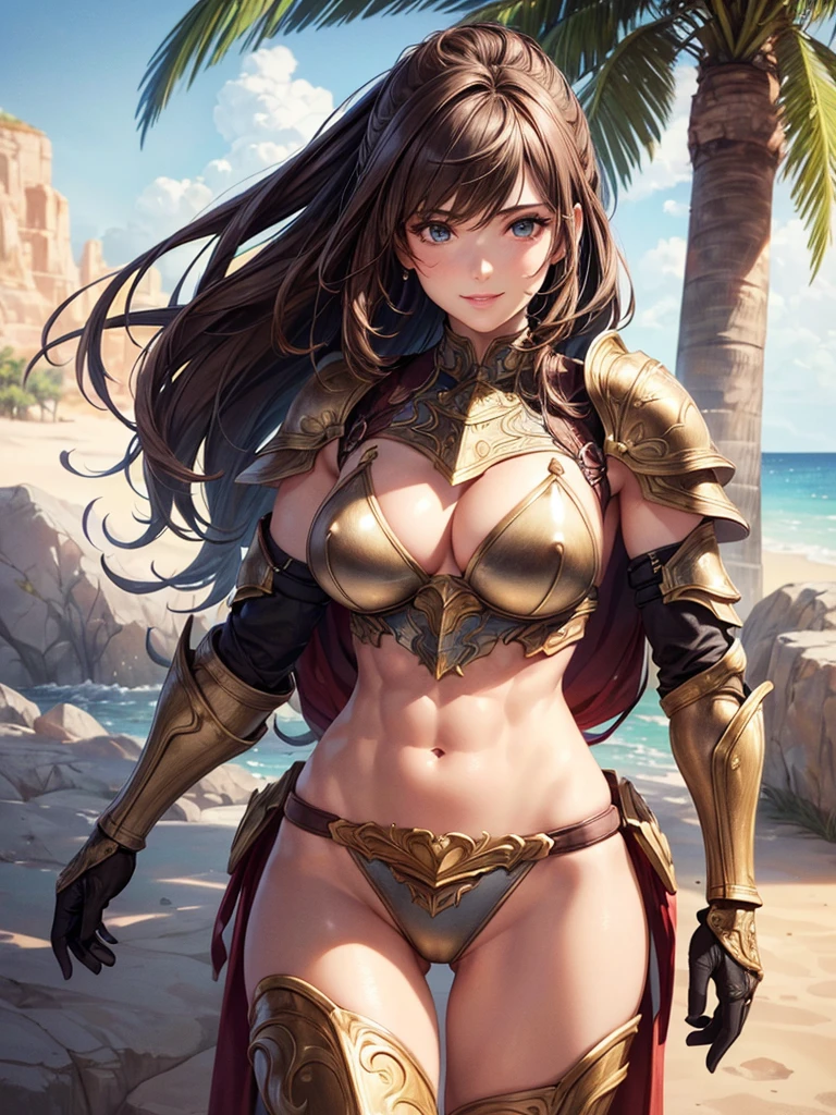 ,(best quality, ultra-detailed, realistic:1.37, masterpiece:1.2), woman, beautiful detailed eyes, beautiful detailed lips, brown hair tied up, smile, bikini armor, (muscular body:1.1),slim figure, caustics, textile shading, toned body, clean abs, palm trees swaying, Highly detailed colorful fancy armor and gauntlets,,desert