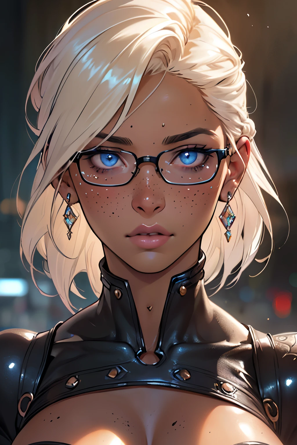 (UHD, retina, masterpiece, accurate, anatomically correct, textured skin, super detail, high details, high quality, best quality, high res, 1080P, HD, 4K, 8k, 16k), (beautiful detailed blue eyes, beautiful detailed lips, extremely detailed eyes and face), studio lighting, physically-based rendering, vivid colors, (large sexy breasts, glamorous body), (see through dress), (portrait, side cut, shiny hair, shiny skin, blush), (bokeh), eye reflection,, dark atmosphere, highly detailed skin texture, extreme details, perfect breast, dark tanned skin, freckles,, ultra detailed skin texture, soft lights,pale skin, glasses 